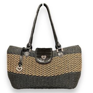 NWOT! Brighton Woven Textile Jute & Black Leather Large Shoulder Bag